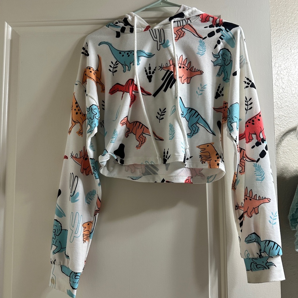 Colorful Dinosaur Print Cropped Hoodie